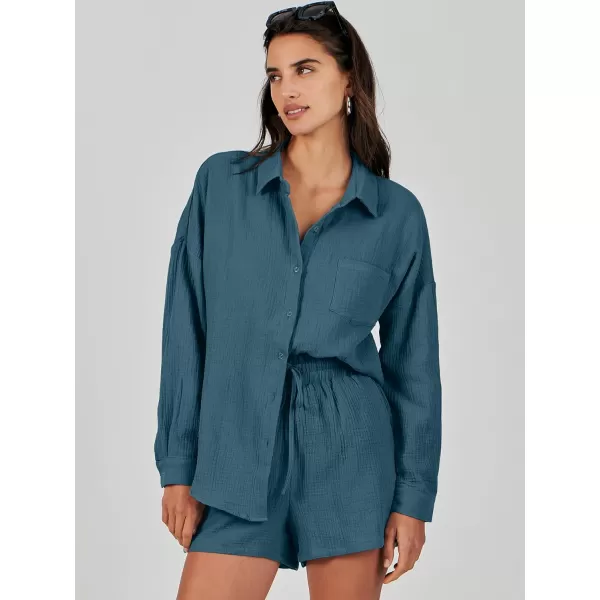 imageANRABESS 2 Piece Outfits For Women Linen Sets Long Sleeve Button Down Oversized Shirts Lounge Matching Short SetsLake