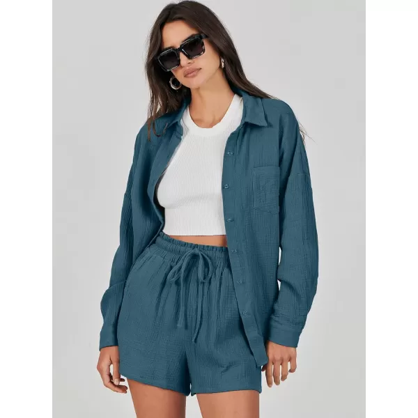 imageANRABESS 2 Piece Outfits For Women Linen Sets Long Sleeve Button Down Oversized Shirts Lounge Matching Short SetsLake