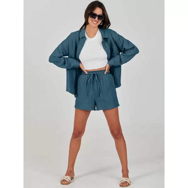 imageANRABESS 2 Piece Outfits For Women Linen Sets Long Sleeve Button Down Oversized Shirts Lounge Matching Short SetsLake