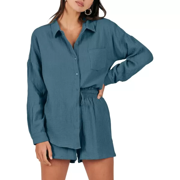 imageANRABESS 2 Piece Outfits For Women Linen Sets Long Sleeve Button Down Oversized Shirts Lounge Matching Short SetsLake