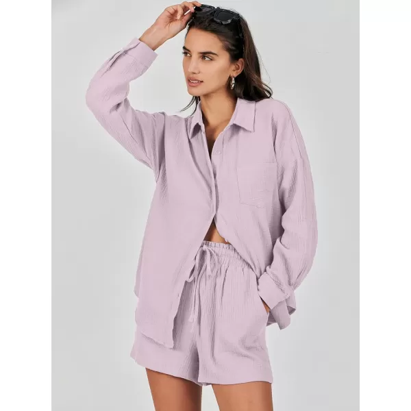 imageANRABESS 2 Piece Outfits For Women Linen Sets Long Sleeve Button Down Oversized Shirts Lounge Matching Short SetsLight Purple