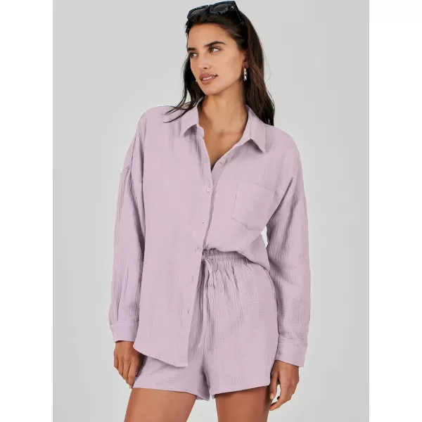 imageANRABESS 2 Piece Outfits For Women Linen Sets Long Sleeve Button Down Oversized Shirts Lounge Matching Short SetsLight Purple