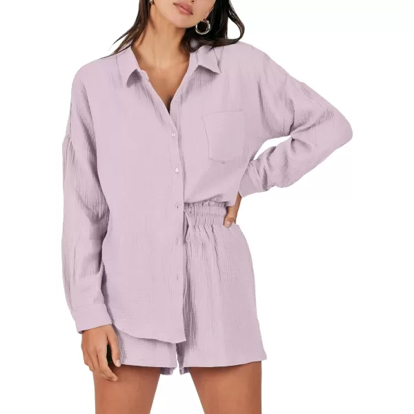 imageANRABESS 2 Piece Outfits For Women Linen Sets Long Sleeve Button Down Oversized Shirts Lounge Matching Short SetsLight Purple