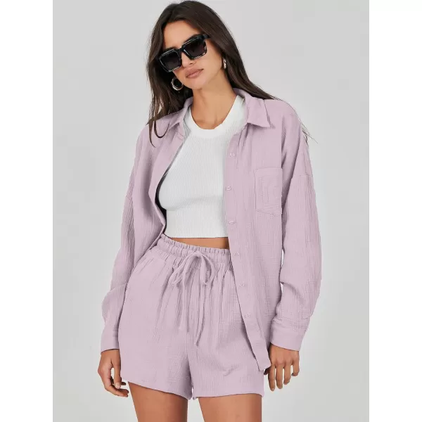 imageANRABESS 2 Piece Outfits For Women Linen Sets Long Sleeve Button Down Oversized Shirts Lounge Matching Short SetsLight Purple