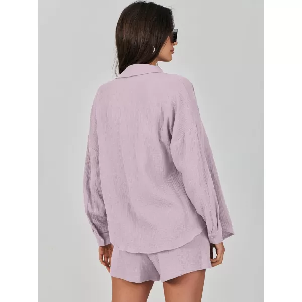 imageANRABESS 2 Piece Outfits For Women Linen Sets Long Sleeve Button Down Oversized Shirts Lounge Matching Short SetsLight Purple