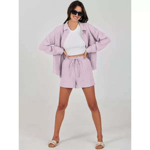imageANRABESS 2 Piece Outfits For Women Linen Sets Long Sleeve Button Down Oversized Shirts Lounge Matching Short SetsLight Purple