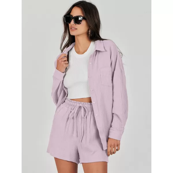 imageANRABESS 2 Piece Outfits For Women Linen Sets Long Sleeve Button Down Oversized Shirts Lounge Matching Short SetsLight Purple