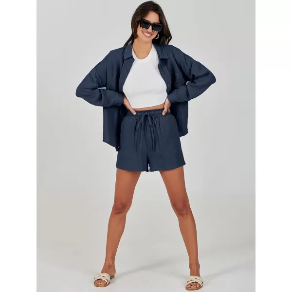 imageANRABESS 2 Piece Outfits For Women Linen Sets Long Sleeve Button Down Oversized Shirts Lounge Matching Short SetsNavy Blue