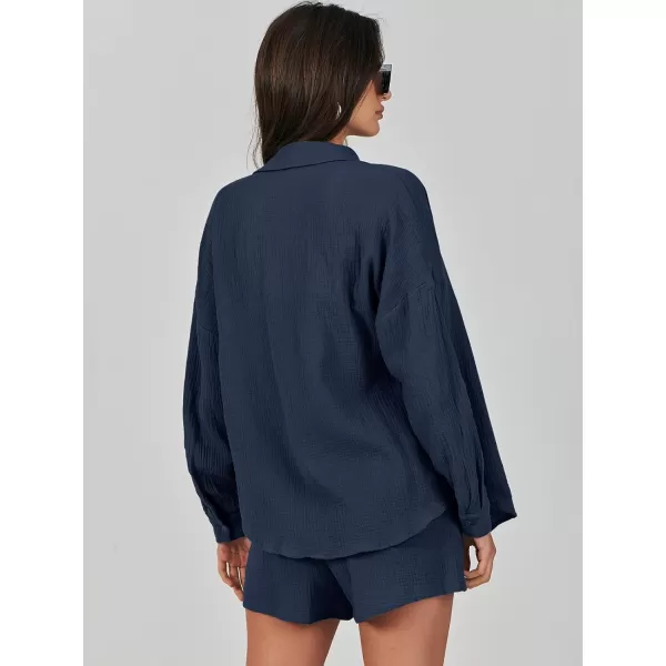 imageANRABESS 2 Piece Outfits For Women Linen Sets Long Sleeve Button Down Oversized Shirts Lounge Matching Short SetsNavy Blue