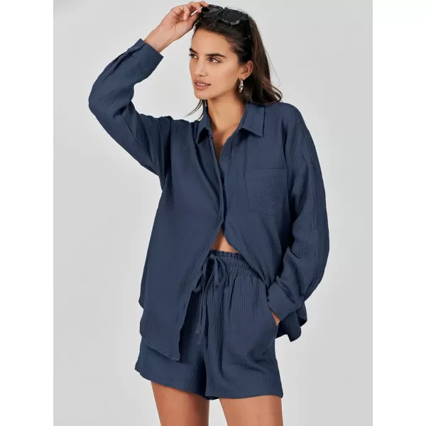 imageANRABESS 2 Piece Outfits For Women Linen Sets Long Sleeve Button Down Oversized Shirts Lounge Matching Short SetsNavy Blue