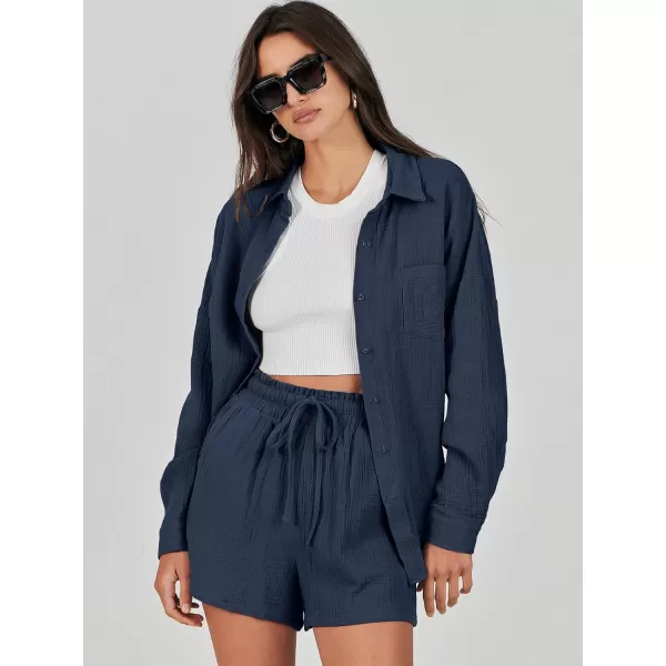 imageANRABESS 2 Piece Outfits For Women Linen Sets Long Sleeve Button Down Oversized Shirts Lounge Matching Short SetsNavy Blue