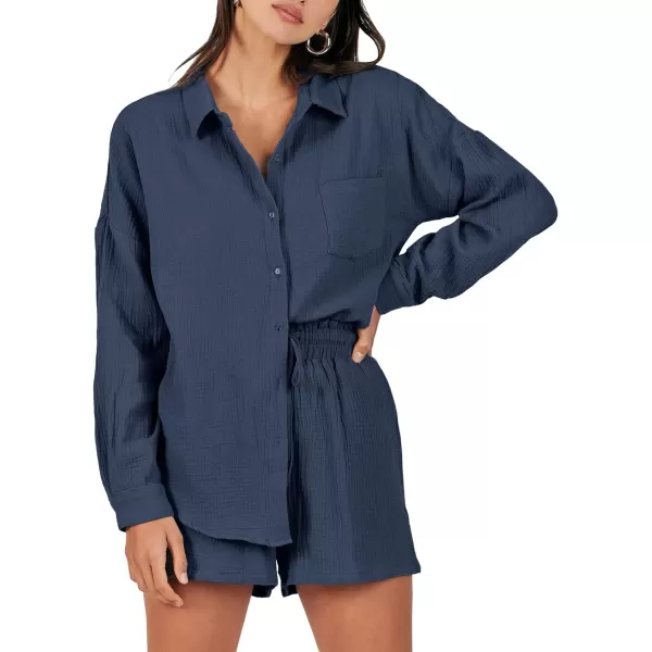 imageANRABESS 2 Piece Outfits For Women Linen Sets Long Sleeve Button Down Oversized Shirts Lounge Matching Short SetsNavy Blue