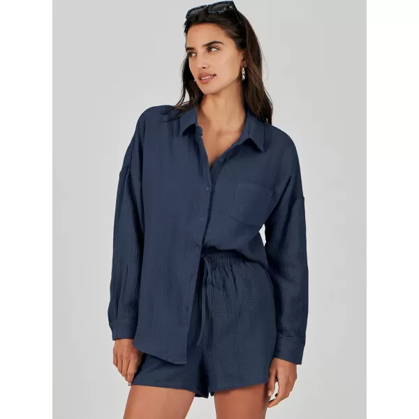 imageANRABESS 2 Piece Outfits For Women Linen Sets Long Sleeve Button Down Oversized Shirts Lounge Matching Short SetsNavy Blue
