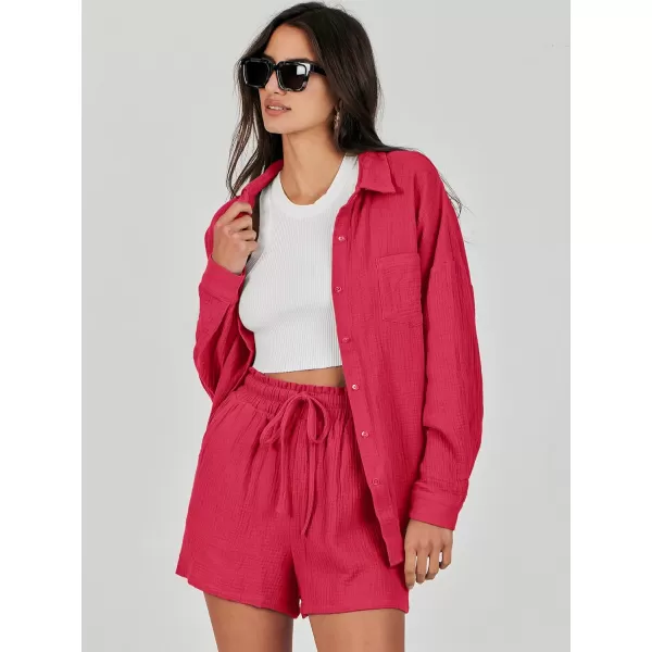 imageANRABESS 2 Piece Outfits For Women Linen Sets Long Sleeve Button Down Oversized Shirts Lounge Matching Short SetsRed