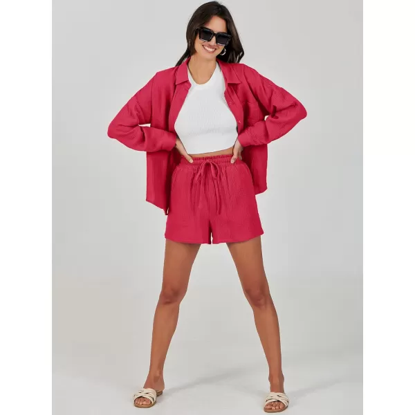 imageANRABESS 2 Piece Outfits For Women Linen Sets Long Sleeve Button Down Oversized Shirts Lounge Matching Short SetsRed
