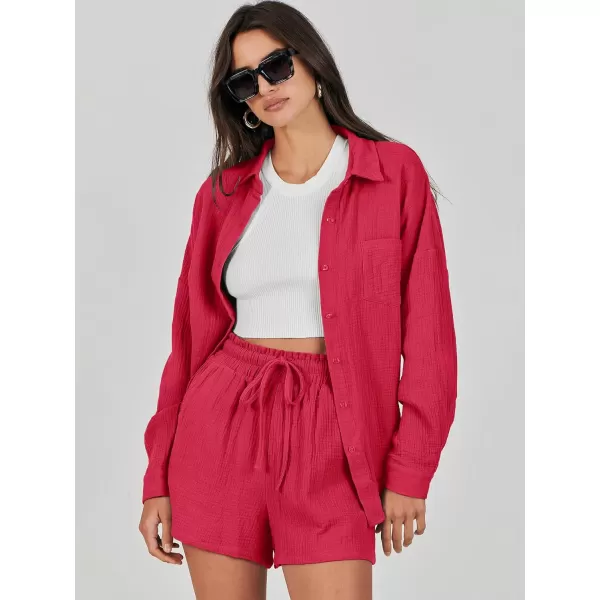imageANRABESS 2 Piece Outfits For Women Linen Sets Long Sleeve Button Down Oversized Shirts Lounge Matching Short SetsRed