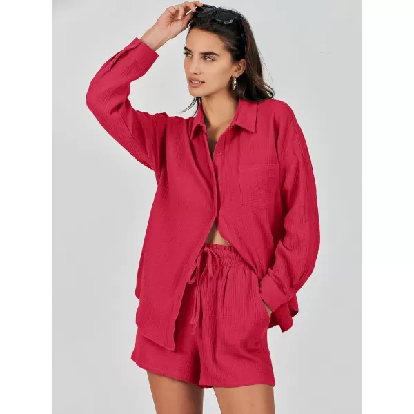 imageANRABESS 2 Piece Outfits For Women Linen Sets Long Sleeve Button Down Oversized Shirts Lounge Matching Short SetsRed
