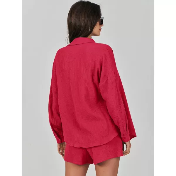 imageANRABESS 2 Piece Outfits For Women Linen Sets Long Sleeve Button Down Oversized Shirts Lounge Matching Short SetsRed