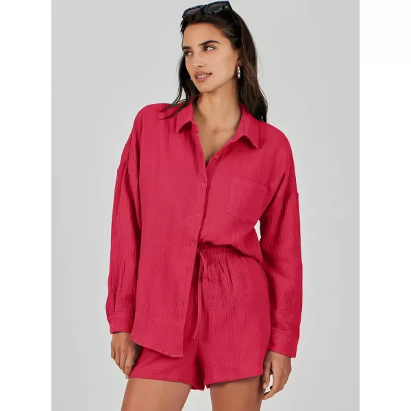 imageANRABESS 2 Piece Outfits For Women Linen Sets Long Sleeve Button Down Oversized Shirts Lounge Matching Short SetsRed