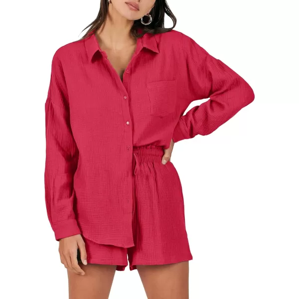 imageANRABESS 2 Piece Outfits For Women Linen Sets Long Sleeve Button Down Oversized Shirts Lounge Matching Short SetsRed