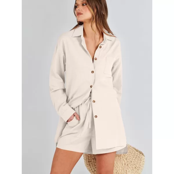 imageANRABESS 2 Piece Outfits for Women Lounge Pajama Sets Casual Long Sleeve Button Down Oversized Shirts Matching ShortsApricot