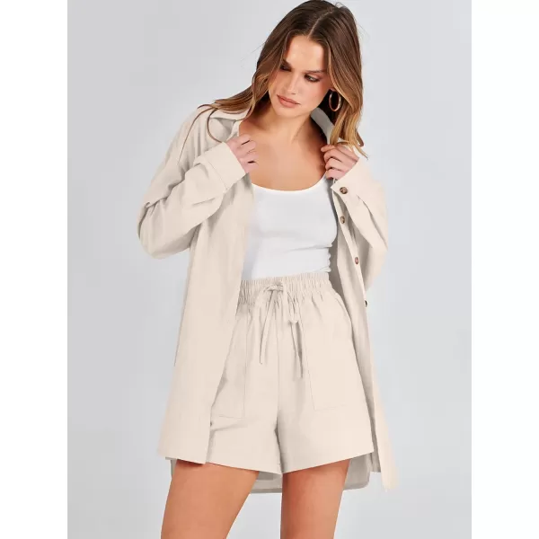 imageANRABESS 2 Piece Outfits for Women Lounge Pajama Sets Casual Long Sleeve Button Down Oversized Shirts Matching ShortsApricot
