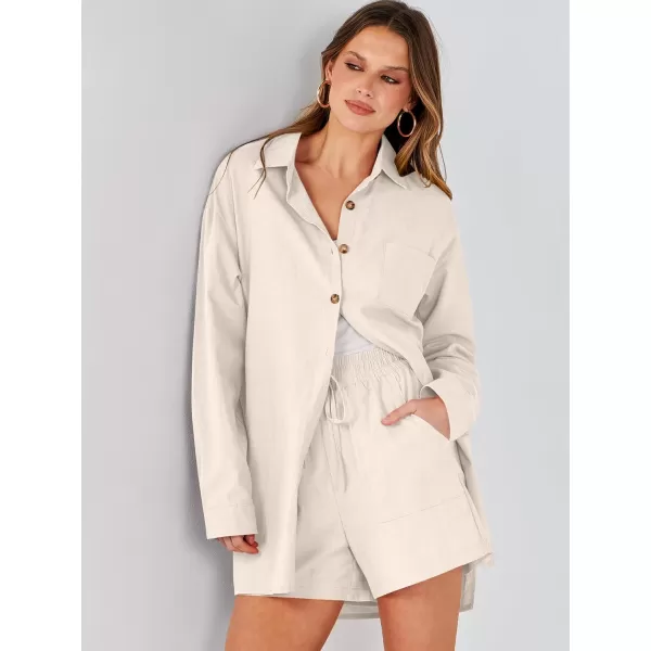 imageANRABESS 2 Piece Outfits for Women Lounge Pajama Sets Casual Long Sleeve Button Down Oversized Shirts Matching ShortsApricot