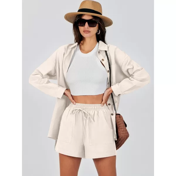 imageANRABESS 2 Piece Outfits for Women Lounge Pajama Sets Casual Long Sleeve Button Down Oversized Shirts Matching ShortsApricot