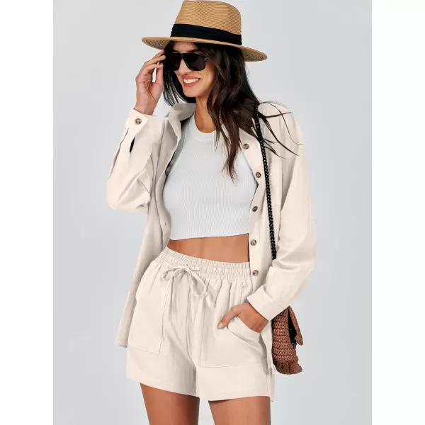 imageANRABESS 2 Piece Outfits for Women Lounge Pajama Sets Casual Long Sleeve Button Down Oversized Shirts Matching ShortsApricot