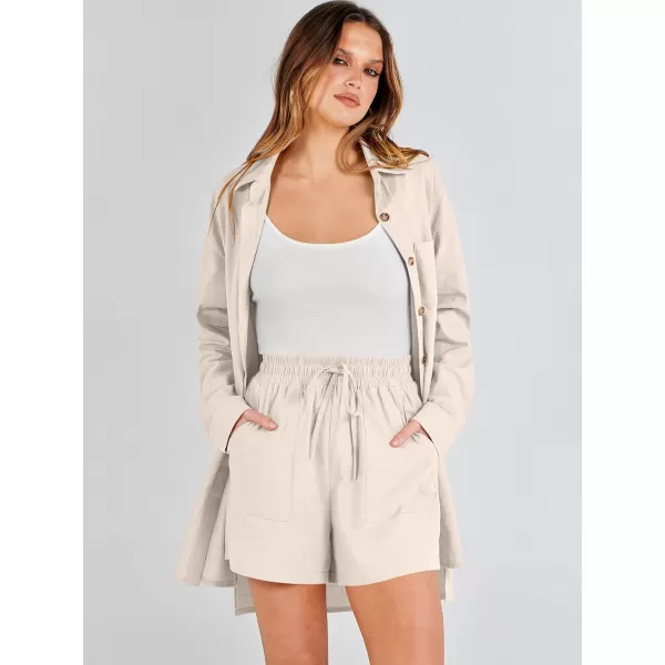 imageANRABESS 2 Piece Outfits for Women Lounge Pajama Sets Casual Long Sleeve Button Down Oversized Shirts Matching ShortsApricot