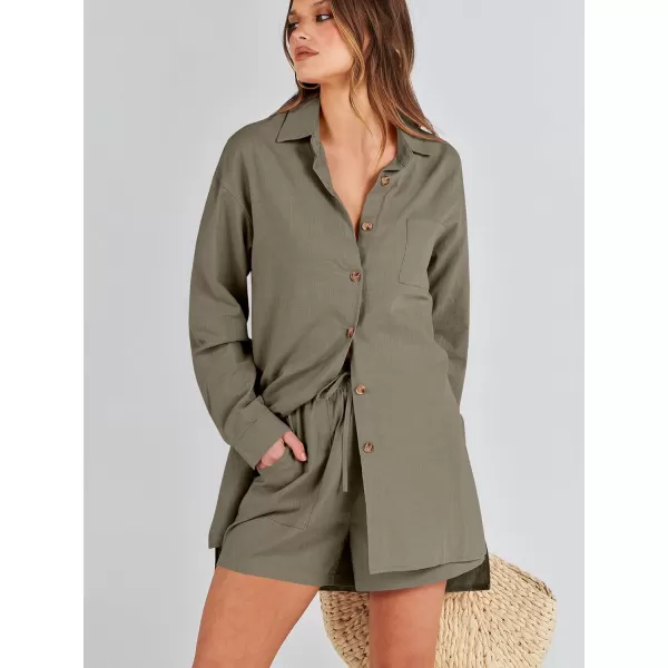 imageANRABESS 2 Piece Outfits for Women Lounge Pajama Sets Casual Long Sleeve Button Down Oversized Shirts Matching ShortsArmy Green