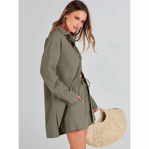 imageANRABESS 2 Piece Outfits for Women Lounge Pajama Sets Casual Long Sleeve Button Down Oversized Shirts Matching ShortsArmy Green