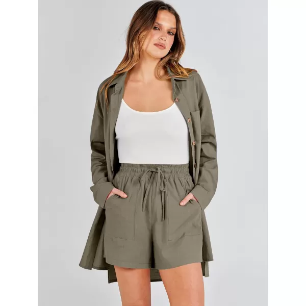 imageANRABESS 2 Piece Outfits for Women Lounge Pajama Sets Casual Long Sleeve Button Down Oversized Shirts Matching ShortsArmy Green