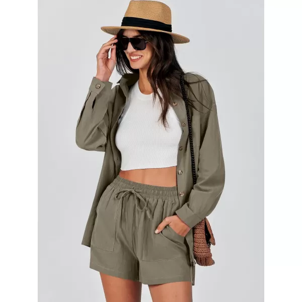 imageANRABESS 2 Piece Outfits for Women Lounge Pajama Sets Casual Long Sleeve Button Down Oversized Shirts Matching ShortsArmy Green