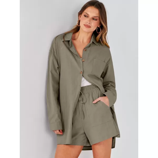 imageANRABESS 2 Piece Outfits for Women Lounge Pajama Sets Casual Long Sleeve Button Down Oversized Shirts Matching ShortsArmy Green