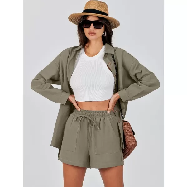 imageANRABESS 2 Piece Outfits for Women Lounge Pajama Sets Casual Long Sleeve Button Down Oversized Shirts Matching ShortsArmy Green