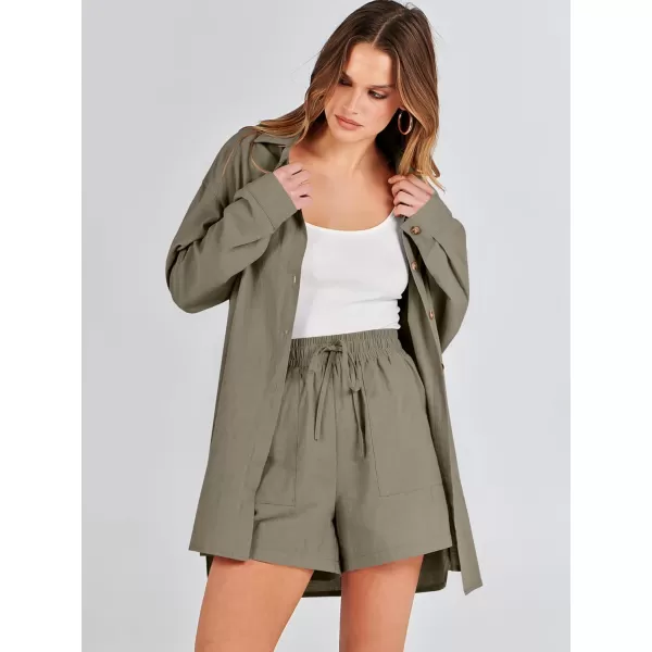 imageANRABESS 2 Piece Outfits for Women Lounge Pajama Sets Casual Long Sleeve Button Down Oversized Shirts Matching ShortsArmy Green