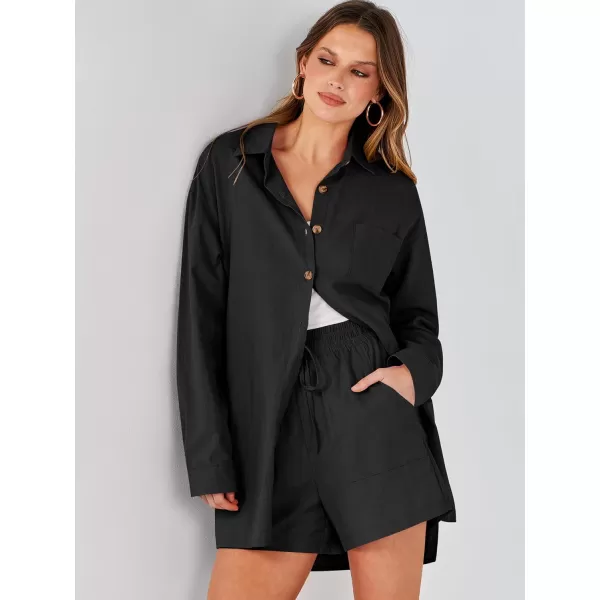 imageANRABESS 2 Piece Outfits for Women Lounge Pajama Sets Casual Long Sleeve Button Down Oversized Shirts Matching ShortsBlack