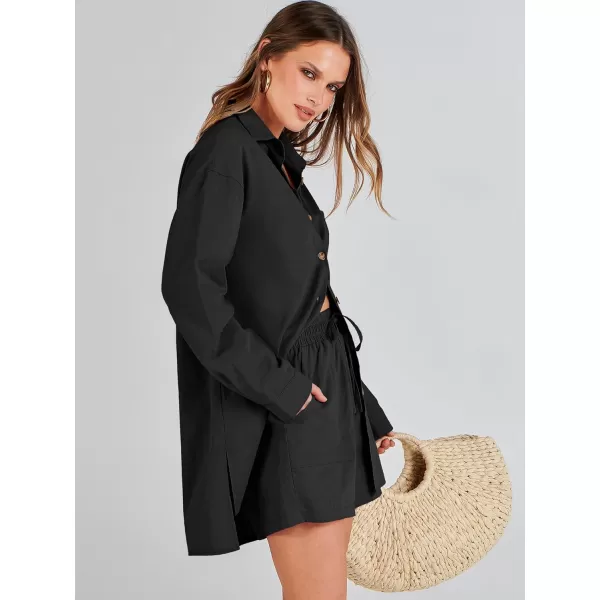 imageANRABESS 2 Piece Outfits for Women Lounge Pajama Sets Casual Long Sleeve Button Down Oversized Shirts Matching ShortsBlack