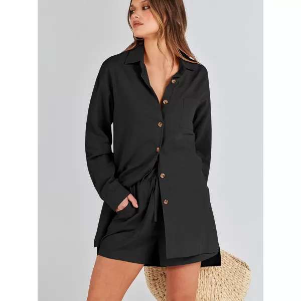 imageANRABESS 2 Piece Outfits for Women Lounge Pajama Sets Casual Long Sleeve Button Down Oversized Shirts Matching ShortsBlack