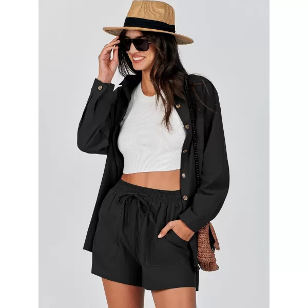 imageANRABESS 2 Piece Outfits for Women Lounge Pajama Sets Casual Long Sleeve Button Down Oversized Shirts Matching ShortsBlack