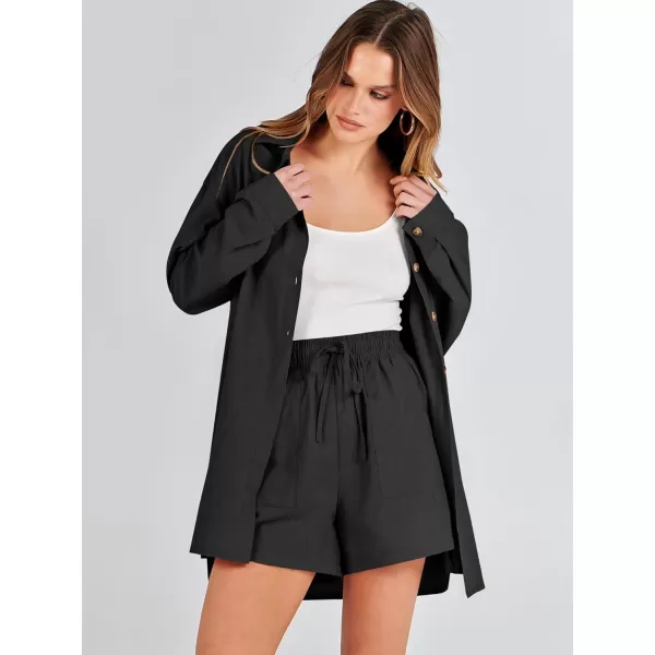 imageANRABESS 2 Piece Outfits for Women Lounge Pajama Sets Casual Long Sleeve Button Down Oversized Shirts Matching ShortsBlack