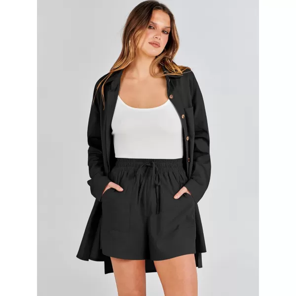 imageANRABESS 2 Piece Outfits for Women Lounge Pajama Sets Casual Long Sleeve Button Down Oversized Shirts Matching ShortsBlack