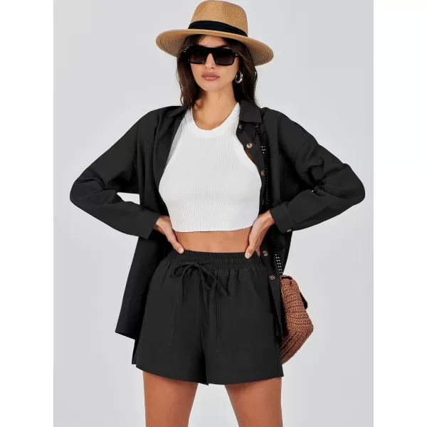 imageANRABESS 2 Piece Outfits for Women Lounge Pajama Sets Casual Long Sleeve Button Down Oversized Shirts Matching ShortsBlack