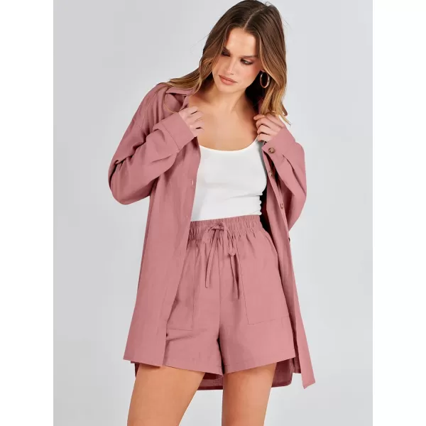 imageANRABESS 2 Piece Outfits for Women Lounge Pajama Sets Casual Long Sleeve Button Down Oversized Shirts Matching ShortsDark Pink