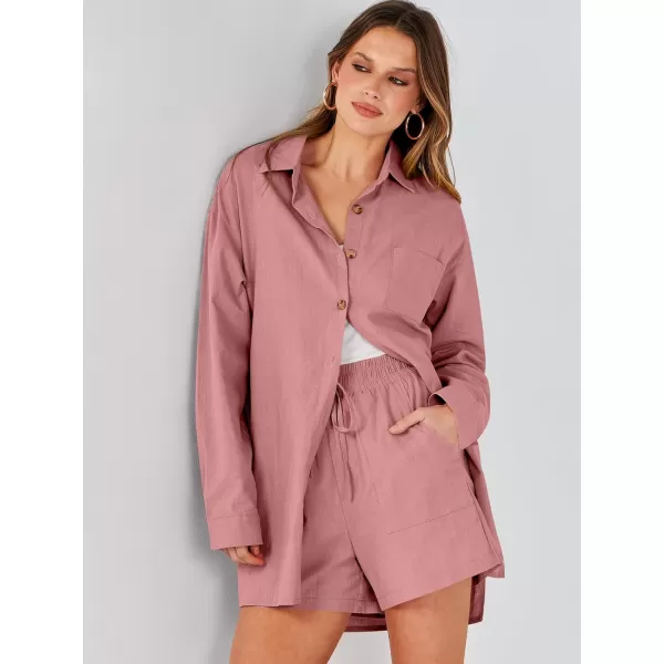 imageANRABESS 2 Piece Outfits for Women Lounge Pajama Sets Casual Long Sleeve Button Down Oversized Shirts Matching ShortsDark Pink