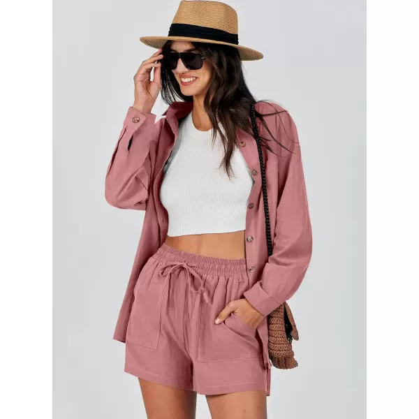 imageANRABESS 2 Piece Outfits for Women Lounge Pajama Sets Casual Long Sleeve Button Down Oversized Shirts Matching ShortsDark Pink