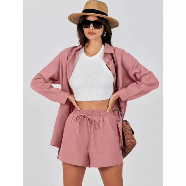imageANRABESS 2 Piece Outfits for Women Lounge Pajama Sets Casual Long Sleeve Button Down Oversized Shirts Matching ShortsDark Pink