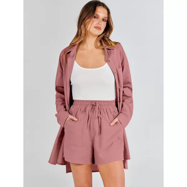 imageANRABESS 2 Piece Outfits for Women Lounge Pajama Sets Casual Long Sleeve Button Down Oversized Shirts Matching ShortsDark Pink