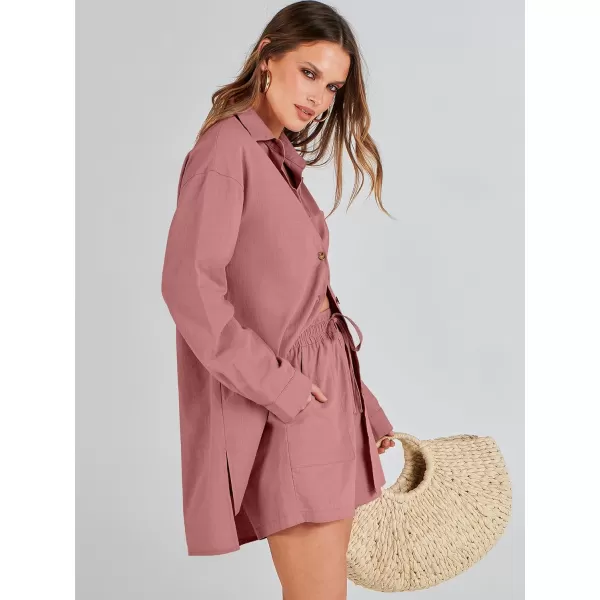 imageANRABESS 2 Piece Outfits for Women Lounge Pajama Sets Casual Long Sleeve Button Down Oversized Shirts Matching ShortsDark Pink